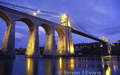 Menai Suspension Bridge at dusk