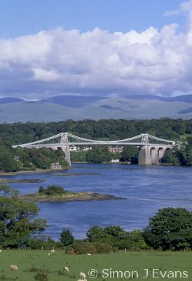 Menai Straits and Suspension Bridge from roadside viewpoint