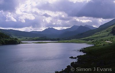 Moody sky over the Snowdon horshoe and Llynnau Mymbr lakes