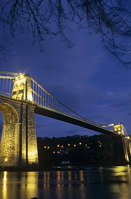 Suspension bridge over the Menai Straits at dusk